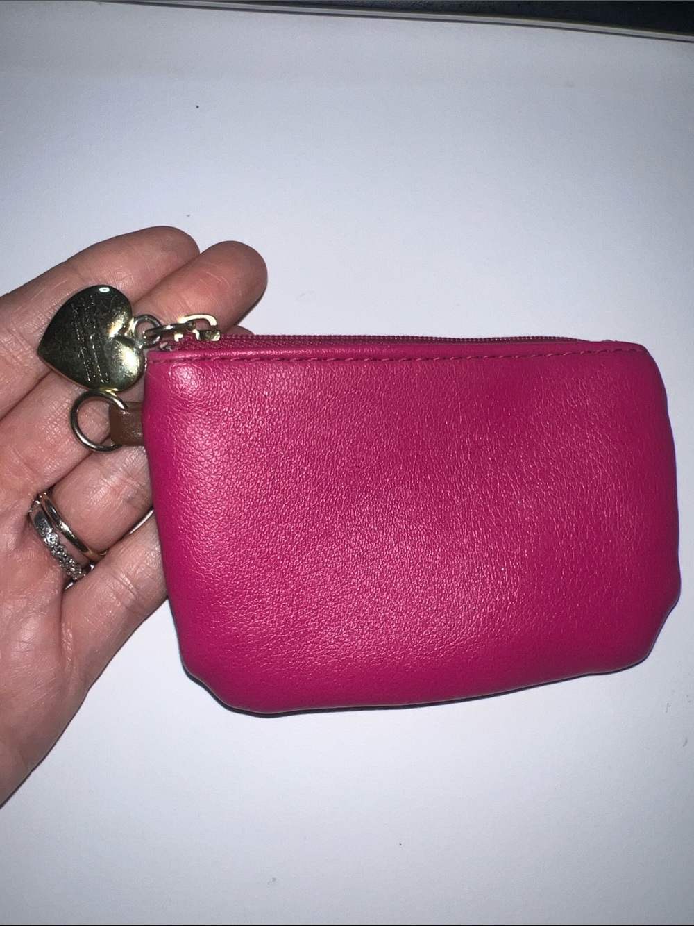 Juicy Couture Hot Pink Leather Zip Pouch with Gold Heart Charm